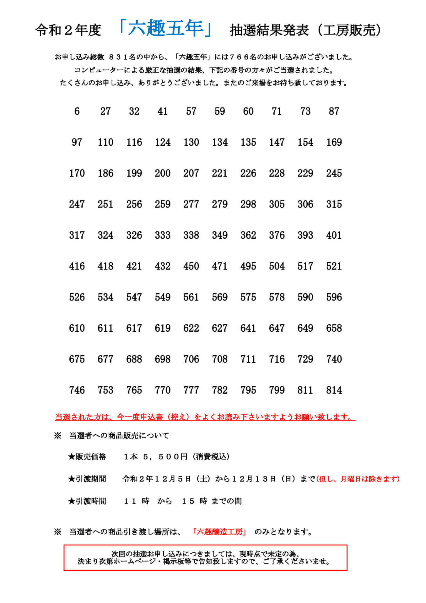令和2年度 「六趣五年」 抽選結果発表(工房販売)