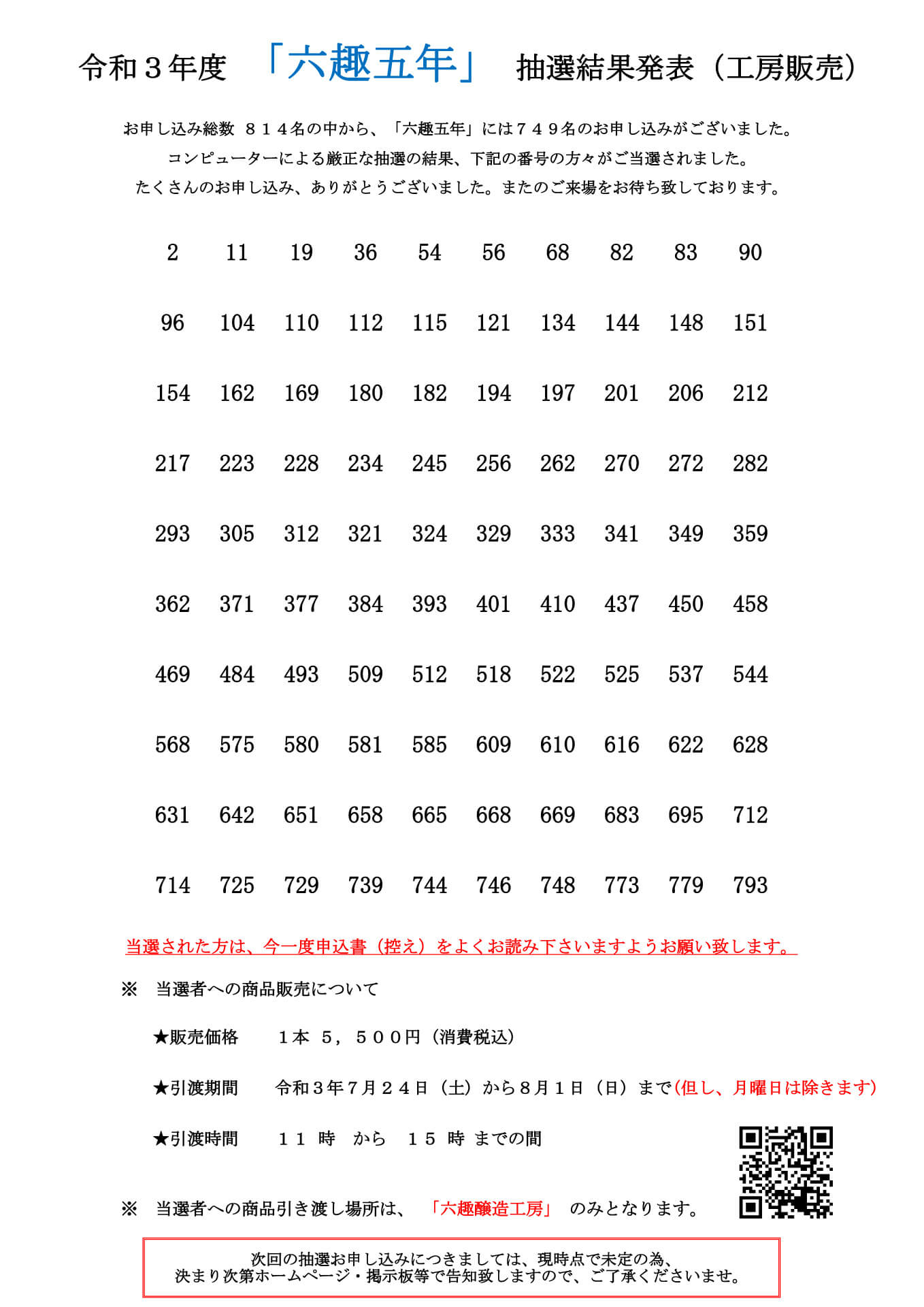 六趣五年抽選結果(工房販売)