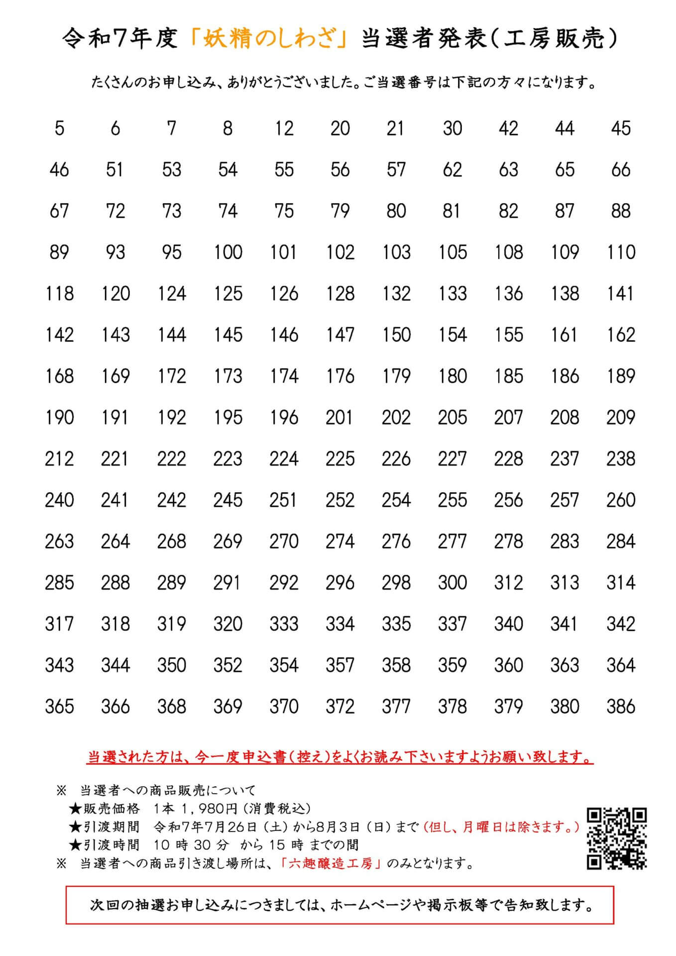 工房抽選販売結果発表 | 六趣醸造工房